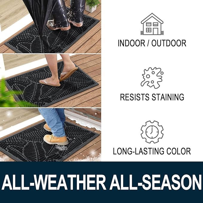 Colorxy Waterproof Doormat, Sturdy Natural Rubber Front Indoor Mat, Non Slip Low Profile Indoor Outdoor Door Mats, Stain and Fade Resistant Floor Mat, Easy Clean Patio Entrance Mat, 59''x23'', Black