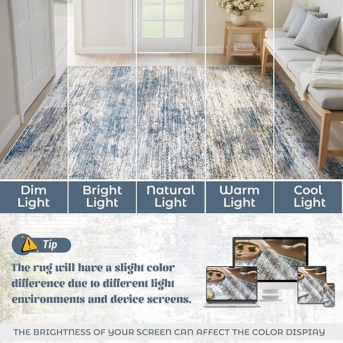 XLUEZ 9x12 Area Rug for Living Room, Washable Modern Abstract Large Area Rug Neutral Soft Non Slip Kids Rug Stain Resistant Indoor Carpet for Bedroom Dining Room Playroom Office(BlueWhite, 9'x12')