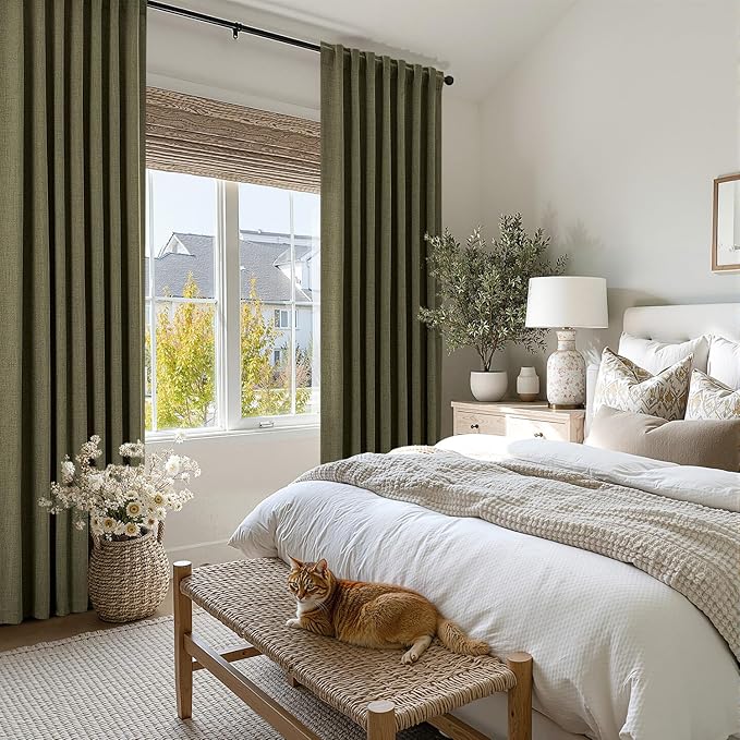 MIULEE 100% Blackout Linen Curtains for Bedroom, Light Olive Green Solid Luxury Decor Thermal Insulation Room Darkening Drapes for Living Room Nursery Back Tab Rod Pocket 42 x 84 Inches, 2 Panels