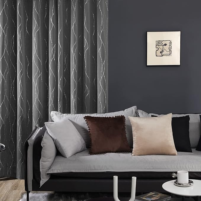 Deconovo Blackout Curtains 108 Inches Long, Grey Blackout Curtain with Silver Wave Dots Print Pattern, Thermal Insulated Soundproof Drapes for Sliding Glass Door Patio Living Room Bedroom, Set of 2