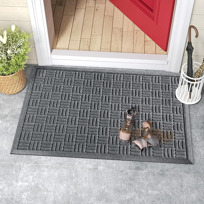 Mibao Front Door Mat Indoor Outdoor Entrance, Dirt Trapping Waterproof All-Season, All-Weather Doormat, Non-Slip Durable Natural Rubber Low Profile Easy Clean Patio Entrance Mat, 36" x 24", Grey