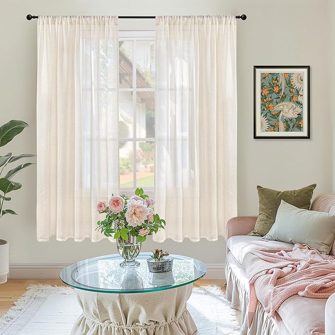 BGment Beige Linen Curtains 63 Inch Length for Living Room - Cream Semi Sheer Drapes Rod Pocket Rustic Natural for Bedroom Country Decorative Light Filtering, 2 Panels, Each Panel 52 Inch Wide