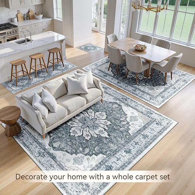 RELEANY Area Rugs 6'x9' Washable Non-Slip, Floral Vintage Distress Print Pattern Medallion Carpet for Living Room Bedroom Dining Room, Light Gray Grey White