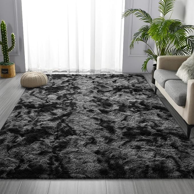 Large Shag Area Rugs 6 x 9, Tie-Dyed Plush Fuzzy Rugs for Living Room, Ultra Soft Fluffy Furry Rug for Bedroom, Indoor Carpet Nursery Rugs for Kids Room Home Decor, Dark Grey