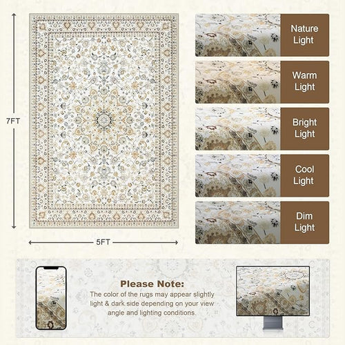 5x7 Area Rugs Living Room Rug: Washable Vintage Boho Rug No Slip Stain Resistant Soft Carpet Indoor Floor Floral Large Carpets for Bedroom Dining Room Farmhouse Nursery Hallway Home Office Beige
