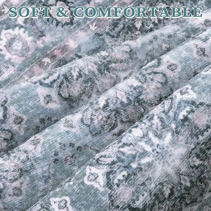 SERISSA Boho Area Rug 5x7 Blue Grey, Washable Large Rugs for Living Room, Ultra Soft Non-Slip Bedroom Rug Print Distressed Vintage Floral Carpet Rug for Dining Room Dorm Office Home Decor