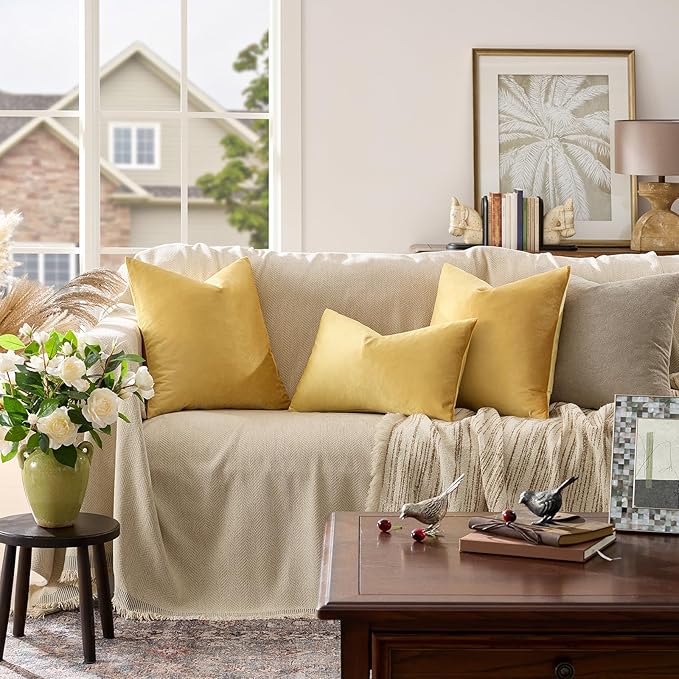 GIGIZAZA 18x18 Yellow Velvet Decorative Throw Pillow Covers for Sofa Bed 2 Pack Soft Cushion Cover