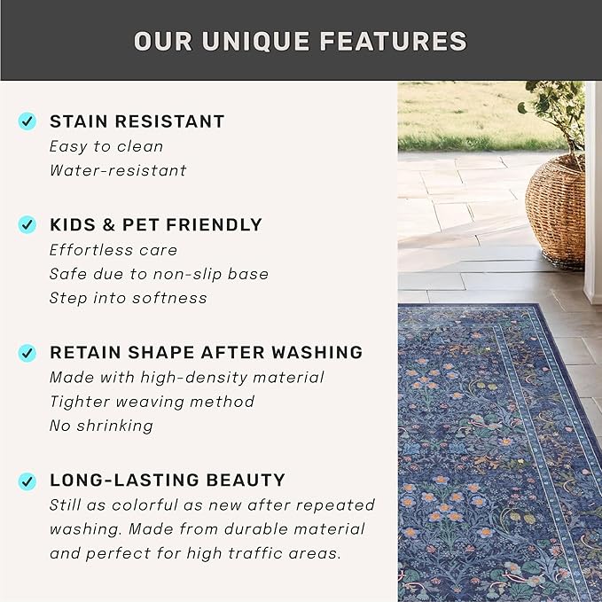 Dark Blue 3x10 Extra Long Wide Runner Rug for Hallway, Non Slip Washable, 10 ft Large Kitchen Indoor Floor Rugs for Entryway, Stain Resistant Vintage Floral Carpet
