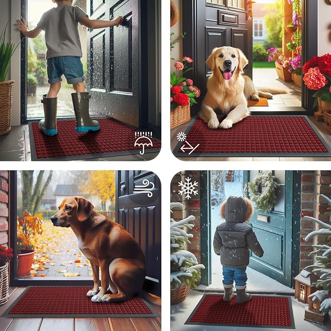 Smiry Front Door Mat Outside Entrance, Heavy Duty Natural Rubber Doormat, Non Slip, Trap Dirt and Moisture, Easy Clean, Low Profile Welcome Floor Mats for Indoor Outdoor Entry, 47x23 Inch, Red