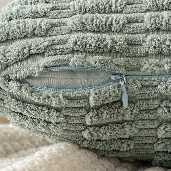 MIULEE Pack of 2 Spring Corduroy Decorative Throw Pillow Covers 16x16 Inch Soft Boho Striped Pillow Covers Modern Farmhouse Home Decor for Summer Sofa Living Room Couch Bed Greyish Green