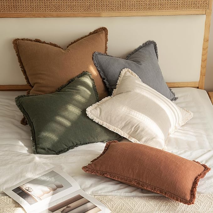 MIULEE Decorative Throw Pillow Covers Neutral Linen Fringe Throw Pillows Euro Shams Set of 2 Olive Green Boho Farmhouse Cushion Covers for Couch Sofa Bed Living Room Spring Home Decor 24x24 Inch