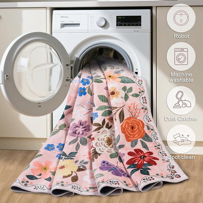 Round Area Rug for Living Room: 6 ft Floral Washable Circle Rug Soft Boho Non-Slip Carpet Indoor Stain Resistant Low Pile Small Circular Rug for Bedroom Entryway Kitchen Nursery Home Office Beige