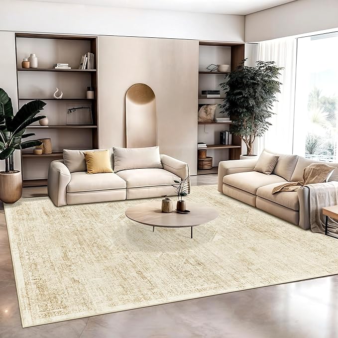 Washable Area Rug 10x14, Large Soft Rugs for Living Room Vintage Beige Rug 10x14 Area Rugs for Bedroom Dining Room Floral Non-Slip Thin Rug