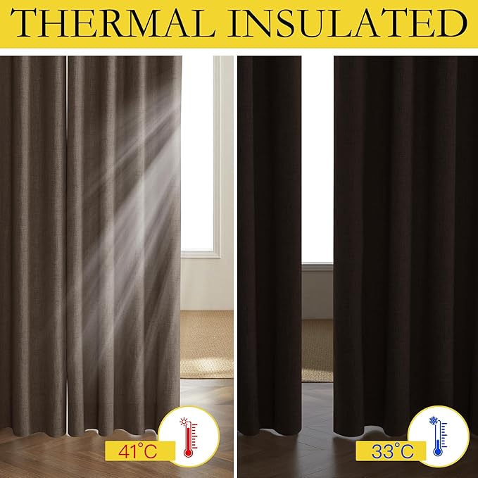 NICETOWN Coffee Vintage Linen 100% Blackout Curtains for Living Room, Thermal Insulated Curtains 120“ Long, Noise Reducing Window Treatment Drapes for Home Office, 62" Wide Per Panel, Set of 2