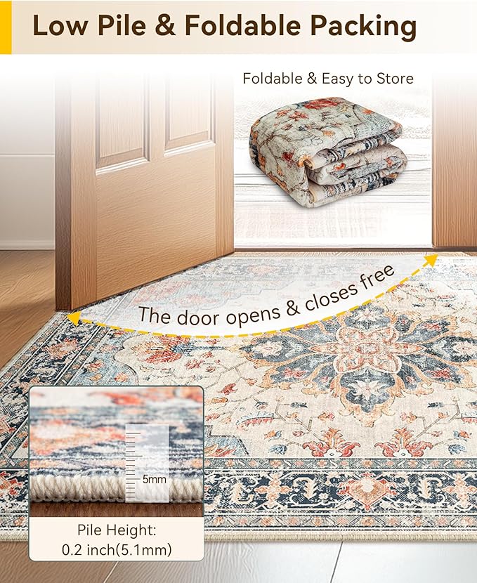 RELEANY Area Rugs 3'x5' Washable Non-Slip, Floral Vintage Distress Print Pattern Medallion Carpet for Living Room Bedroom Dining Room, Beige Navy Blue Orange Colorful