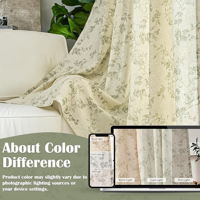 Lazzzy Green Floral Linen Curtains 96 Inch Farmhouse Back Tab Drapes for Living Room Bedroom Light Filtering Vintage Grandmillennial Rod Pocket Curtains, 2 Panels, W38 x L96, Green on Beige