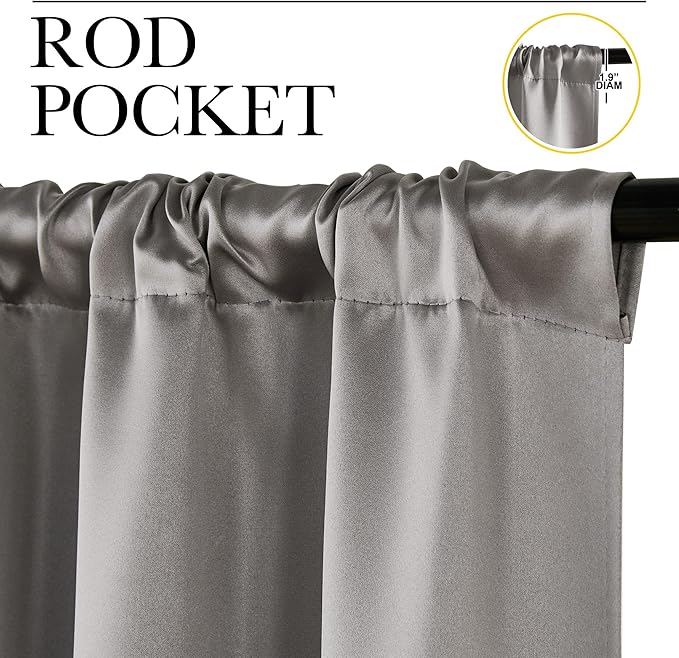 NICETOWN Room Darkening Cafe Satin Curtains for Small Windows, 42" Wide by 63" Long, 2 Panels, Chrome Gray, Rod Pocket Privacy Blackout Drapes for Play Room