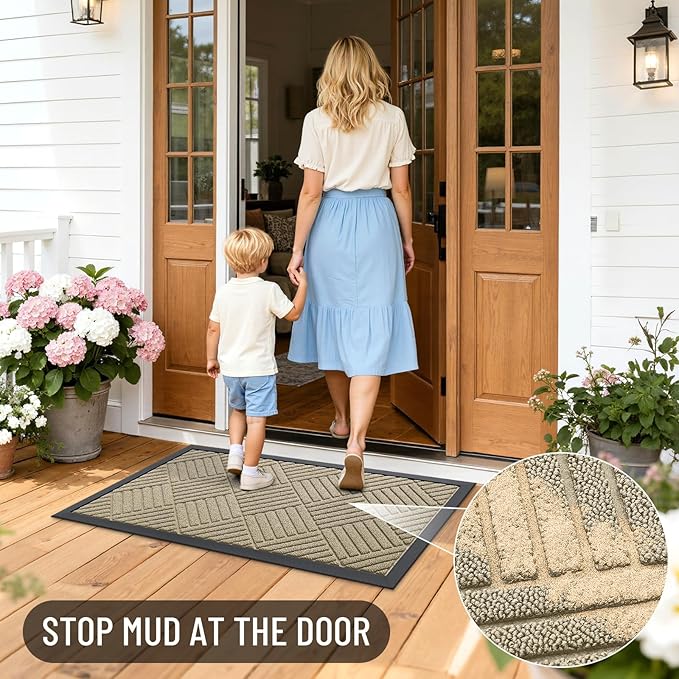 OLANLY Front Door Mat Outside Entrance 47x17, Absorbent, Heavy Duty Sturdy Natural Rubber Doormat Indoor Outdoor, Stain and Fade Resistant, Non-Slip Low Profile Floor Mat for Entryway, Beige Diamond