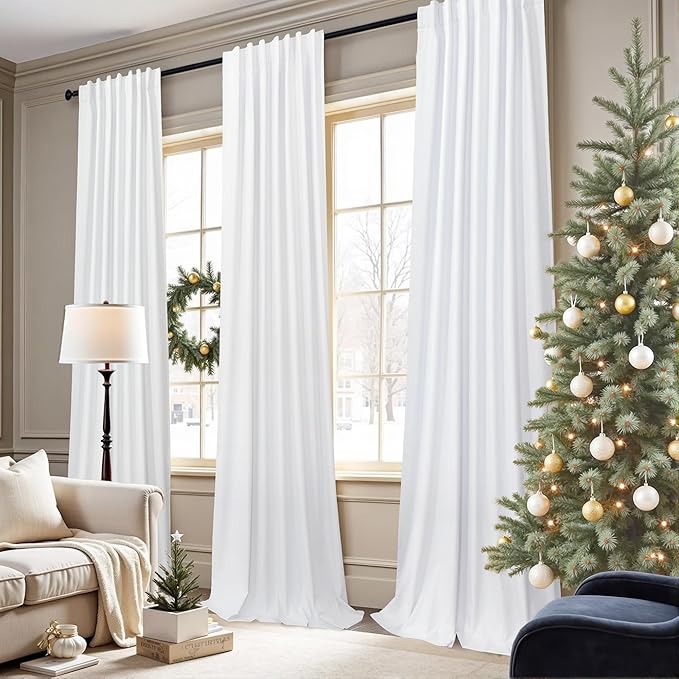 Blackout Curtains 108 Inch Long 2 Panels Burg Sound Curtains Noise Reducing Heavy Drapes 108 Inches Length Faux Linen Farmhouse Floor to Ceiling Curtain for Living Room Office Back Tab 9 ft Tall White