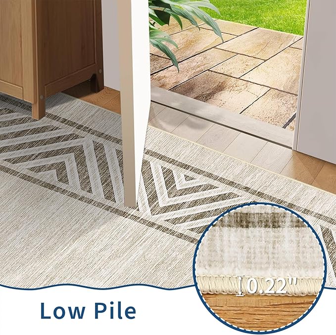 GarveeHome Large Modern Rug 9x12 Non-Slip Geometric Bordered Dining Room Rug, Machine Washable Low Pile Indoor Carpet, Non-Shedding Floor Mats, Easy to Clean, for Living Room, Bedroom, Beige