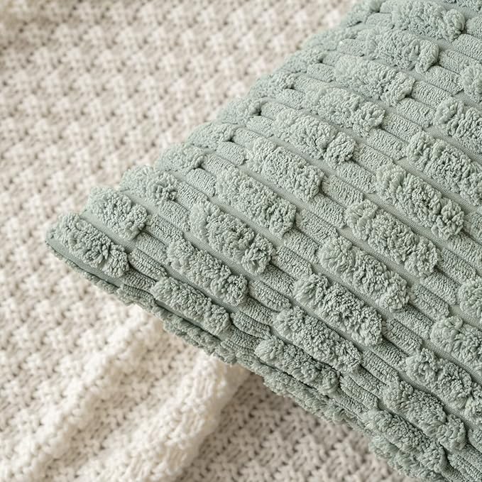 MIULEE Pack of 2 Spring Corduroy Decorative Throw Pillow Covers 12x12 Inch Soft Boho Striped Pillow Covers Modern Farmhouse Home Decor for Summer Sofa Living Room Couch Bed Greyish Green