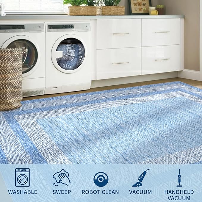 Washable 2.5x10 Kitchen Runner Rug, Easy Clean Geometri Rugs for Hallway Entryway, Indoor Outdoor Non Slip Rug Farmhouse Morden Carpet Door Mat Area Rug for Laundry Room Light Blue