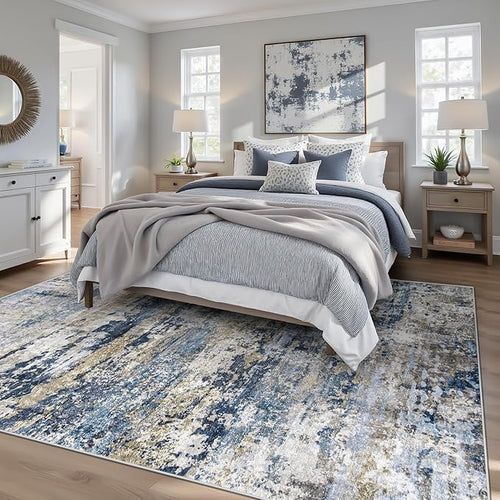 Area Rugs 6x9 for Living Room: Washable Rug Modern Abstract Neutral Soft Non-Slip Low-Pile Indoor Carpet for Bedroom Dining Room Playroom Home Office (Blue Grey Brown, 6'x9')
