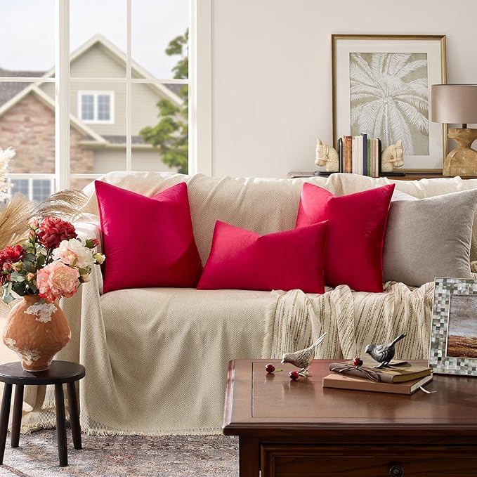 GIGIZAZA Decorative Throw Pillow Covers 26x26,Set of 2 Red Square Couch Pillow Covers,Velvet Sofa Boho Cushion Pillows