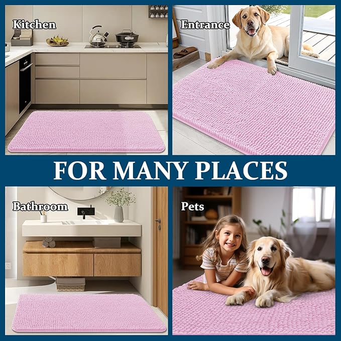 OLANLY Dog Door Mat for Muddy Paws 32x20, Absorbs Moisture and Dirt, Absorbent Non-Slip Washable Doormat, Quick Dry Chenille Mud Mat for Dogs, Entry Indoor Entryway Carpet for Inside Floor, Pink
