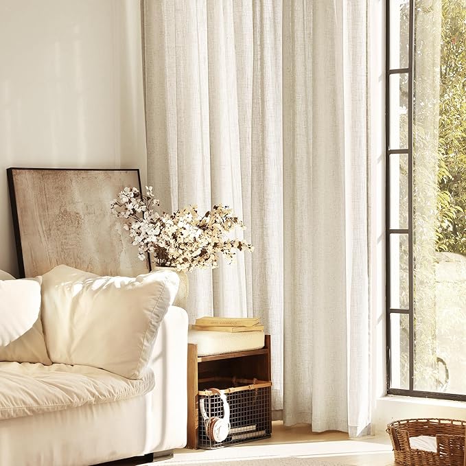 Faux Linen Beige Curtains 90 inches Long for Living Room Rustic Farmhouse Linen Drapes Semi Sheer Burlap Textured Canvas Cloth Curtain Panels Set of 2 Kahki Tan Colored