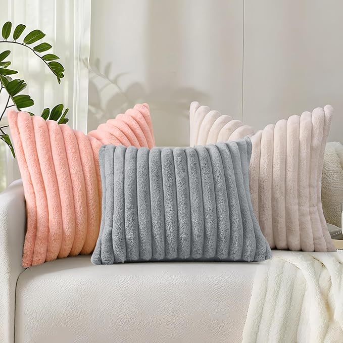 decorUhome Cozy Faux Fur Throw Pillow Covers 24x24 Set of 2 Decorative Soft Plush Striped Modern Farmhouse Boho Couch Euro Sham Pillow Cases with Velvet Back for Sofa Bed Living Room, Grey