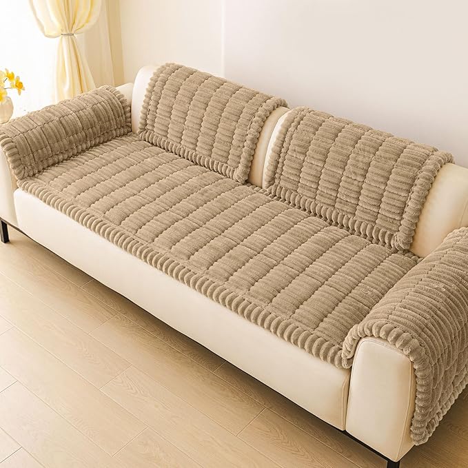 hyha Couch Covers for Dogs Washable, Non Slip Plush Dog Sofa Protectors, Fuzzy Pet Couch Covers for 3 Cushion Sofa Pet Friendly (Khaki, 27.6" x 88")