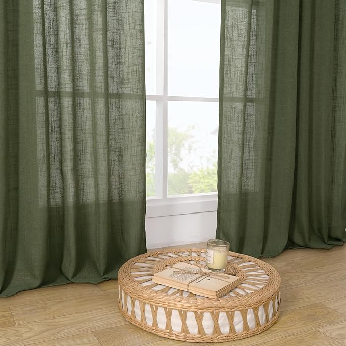 LAMIT 48 Inch Short Window Linen Curtains, Light Filtering Panels Back Tab and Rod Pocket Neutral Christmas Drapes for Cafe/Bathroom/Loft Room, Olive Green, 2 Panels, 34 x 48 Inch