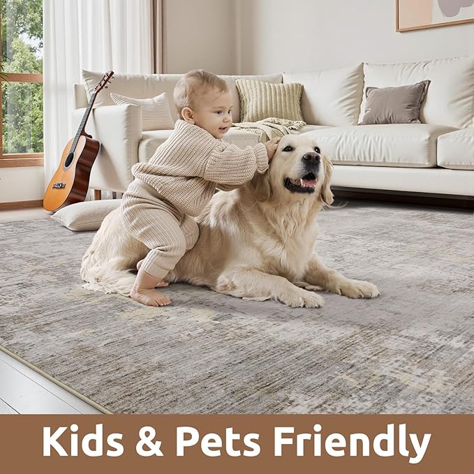 9 x 12 Area Rugs for Living Room, Machine Washable Non Slip Rug Ultra Soft Low Pile Indoor Carpet Modern Abstract Rugs for Bedroom Office Room Dining Room Beside, Beige