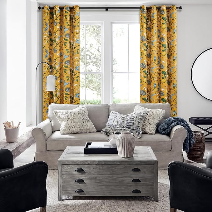 Topfinel 60 Inches Long Custom Mustard Yellow Luxury Curtains for Living Room Bedroom, Blackout Vintage Victorian Curtains Floral Lemon Hummingbird Printed Grommet Drape 60 Inch Length