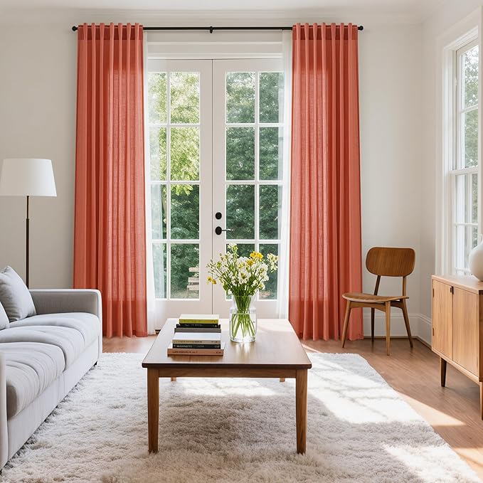 Coral Linen 96 Inch Length Curtains Panels 2 Panel Set Back Tab Rod Pocket Textured Sheer Light Filtering Boho Aesthetic Room Decor Burlap Drapes for Bedroom and Living Room Curtain 8Ft 52x96 Inch