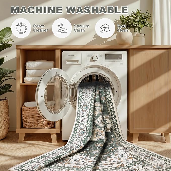 8x10 Area Rugs for Living Room: Washable Rug Soft Vintage Boho Medallion Carpet Indoor Non-Slip Stain Resistant Large Carpets for Bedroom Dining Room Farmhouse Nursery Home Office Green Ivory