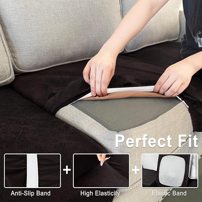 Leather Look Couch Cushion Covers Sofa Seat Slipcovers Sets Couches Furniture Protector for Sectional Armchair Loveseat Pets Kids Stretch Spandex Fabric (1 Cushion Loveseat, Chocolate)
