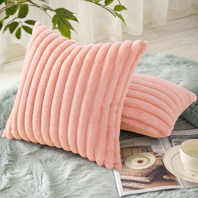decorUhome Summer Cozy Faux Fur Throw Pillow Covers 20x20 Set of 2 Decorative Plush Striped Modern Farmhouse Boho Couch Pillow Cases with Velvet Back for Sofa Bed Living Room, Blush Pink