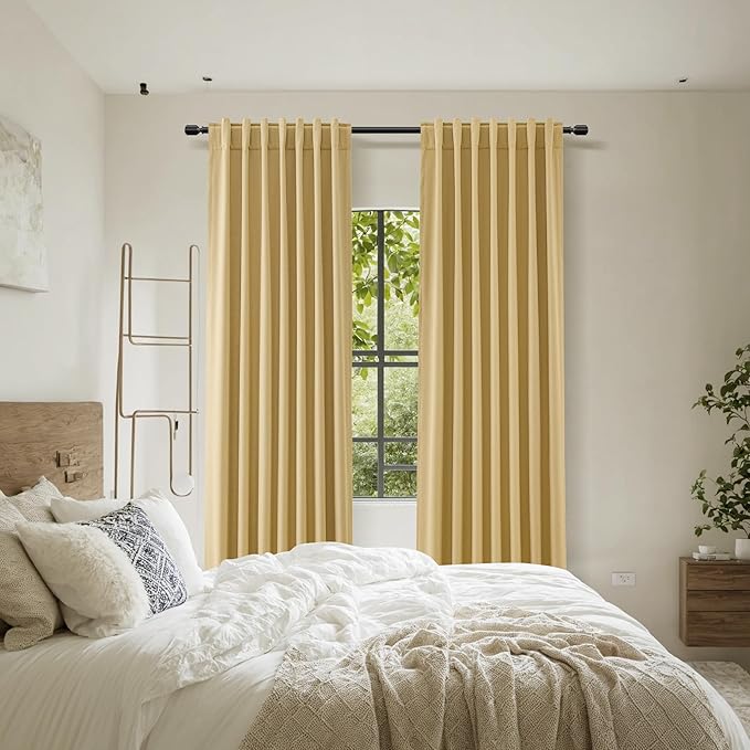 Guken 100% Blackout Curtains 102 Inch Length 2 Panels Set for Living Room Bedroom Back Tab Thermal Insulated Black Out Linen Drapes Room Darkening Window Curtains Gold Yellow 52x102