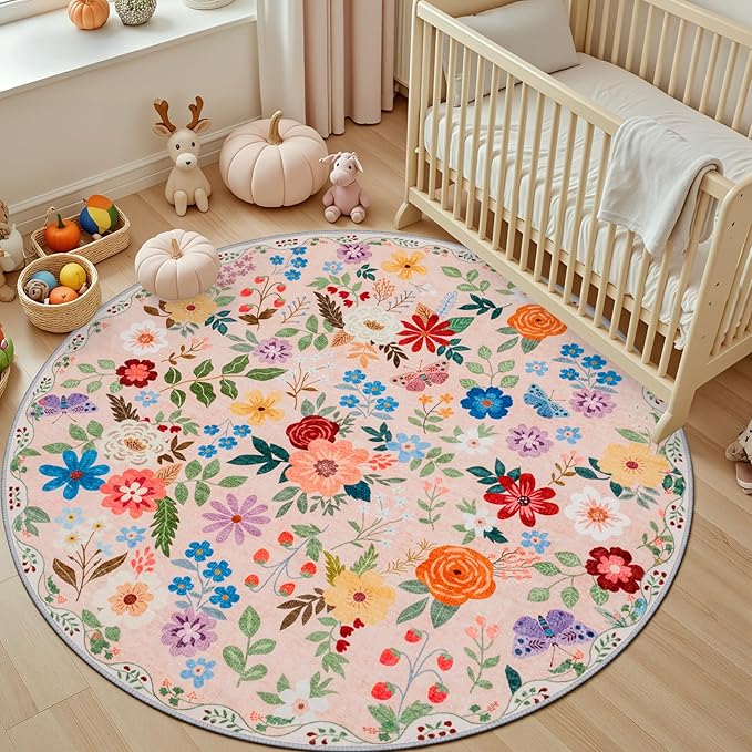 Round Area Rug for Living Room: 6 ft Floral Washable Circle Rug Soft Boho Non-Slip Carpet Indoor Stain Resistant Low Pile Small Circular Rug for Bedroom Entryway Kitchen Nursery Home Office Beige
