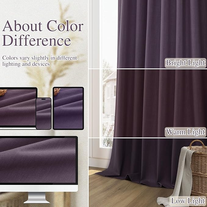 Guken 100% Blackout Curtains 84 Inch Length 2 Panels Set for Living Room Bedroom Back Tab Thermal Insulated Black Out Linen Drapes Room Darkening Window Curtains 84 Inches Long,Plum