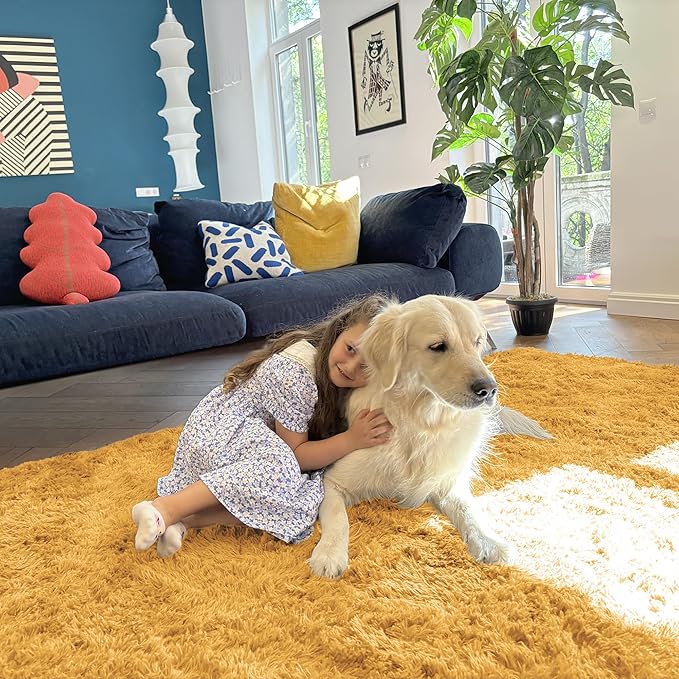 OLANLY Area Rugs for Living Room Bedroom, Machine Washable 4x5.9 ft Soft Fluffy Shaggy Bedside Rug, Indoor Floor Carpet for Kids Girls and Boys, Dorms, Nursery Rooms, Home Decor, Mustard Yellow