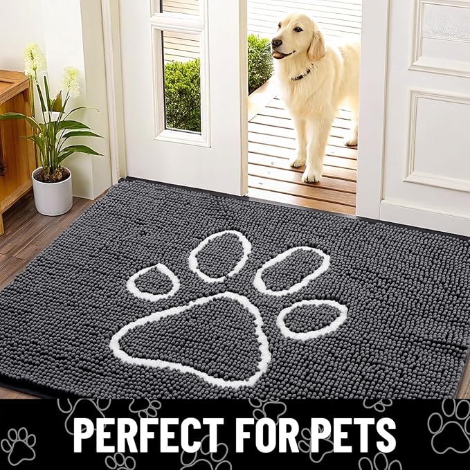 Smiry Dog Door Mat for Muddy Paws, Absorbent Dirt Trapper Non Slip Quick Dry Washable Chenille Mat for Mud Dogs, Entry Rug for Indoor and Outdoor (44x24 Inches, Dark Grey and White)