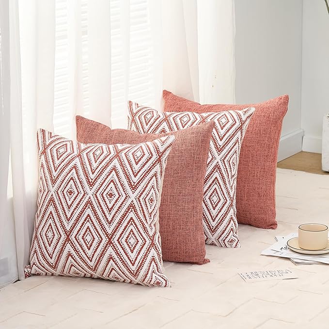 HPUK Decorative Throw Pillow Covers Set of 4 Geometric Design Linen Cushion Cover for Couch Sofa Living Room, 20"x20" inches, Coral