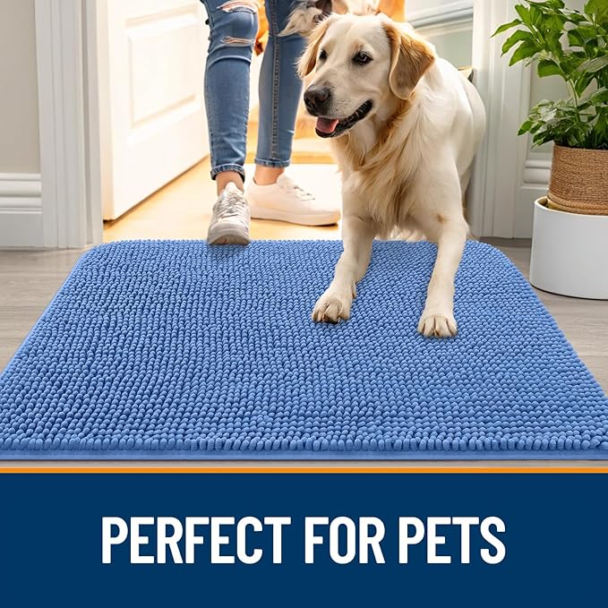 OLANLY Dog Door Mat for Muddy Paws 44x32, Absorbs Moisture and Dirt, Absorbent Non-Slip Washable Doormat, Quick Dry Chenille Mud Mat, Entry Indoor Entryway Carpet for Inside Floor, Cornflower Blue