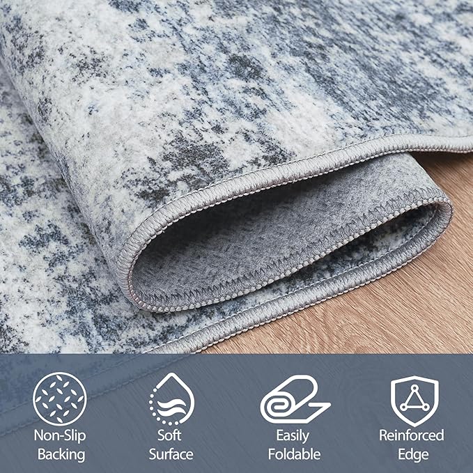 Round Rug 8ft Circle Rug Washable: Carpet Circular Area Rug for Entryway Kitchen Bedroom Dining Room Living Room Large 8 Feet Abstract College Dorm Non Slip Low Pile Blue Grey