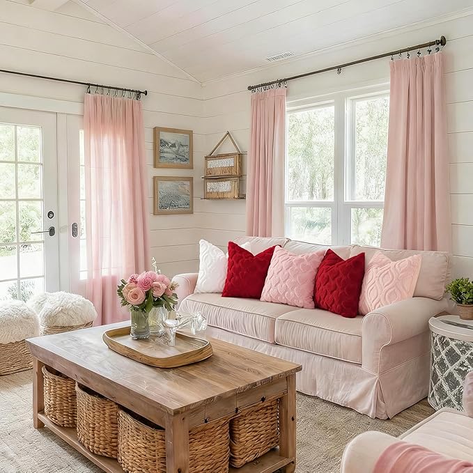 decorUhome Valentine’s Day Soft Plush Throw Pillow Covers 20x20 Inch Set of 2, Faux Fur Pink Heart Decoration Neutral Square Pillow Covers for Couch Sofa Bed Cozy Farmhouse Holiday Decor