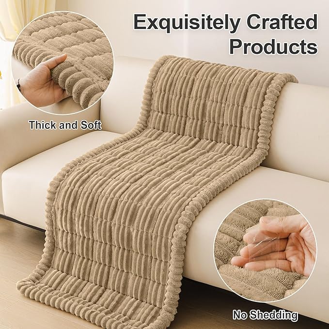 hyha Couch Covers for Dogs Washable, Non Slip Plush Dog Sofa Protectors, Fuzzy Pet Couch Covers for 3 Cushion Sofa Pet Friendly (Khaki, 27.6" x 27.6")