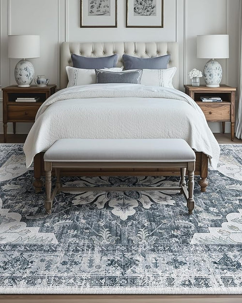 Area Rugs 8'x10' Washable Non-Slip, Floral Vintage Distress Print Pattern Medallion Carpet for Living Room Bedroom Dining Room, Light Gray Grey White